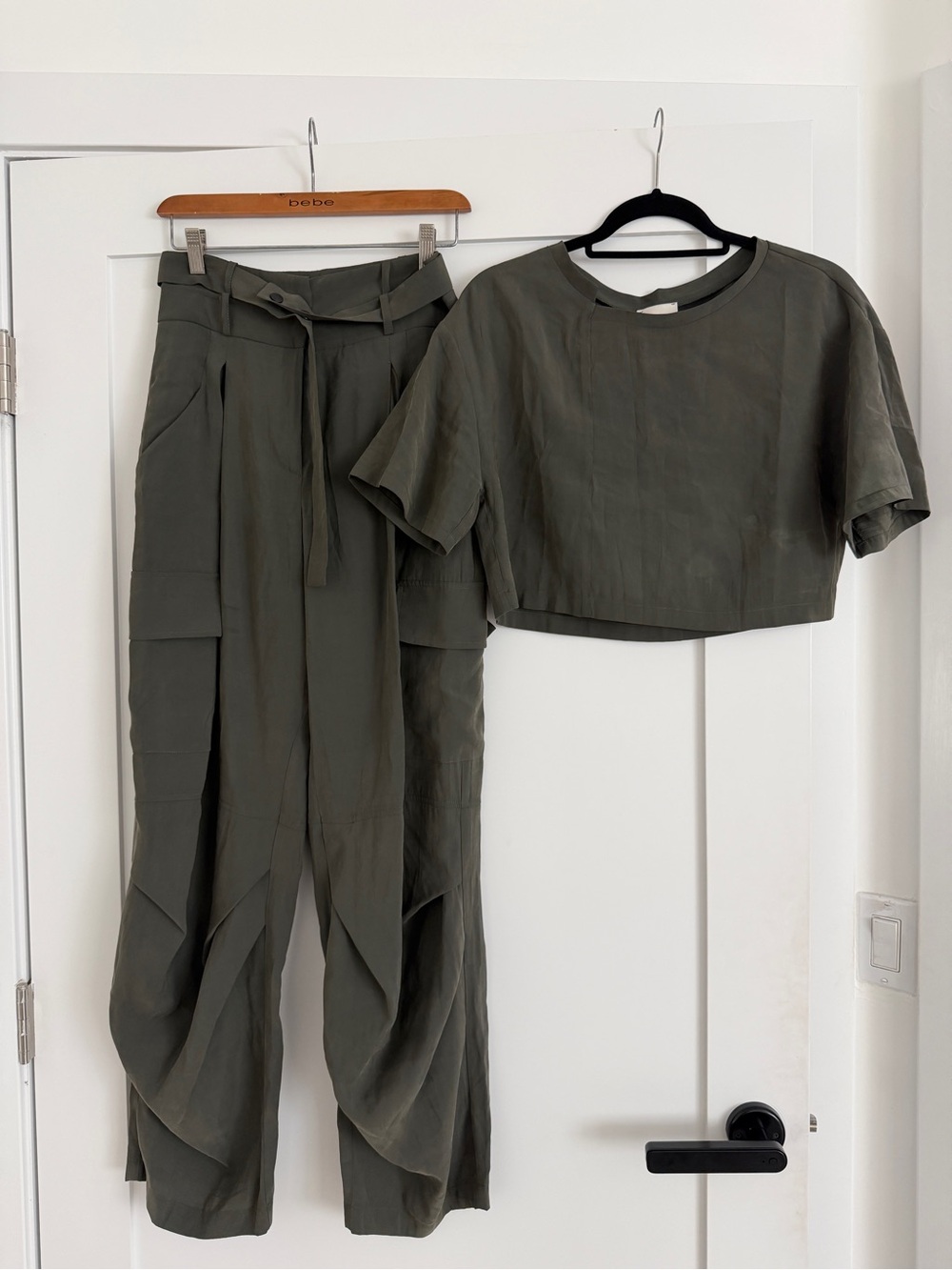 Two-Piece Olive Wide Leg Cargo Pants & Cropped Top Set